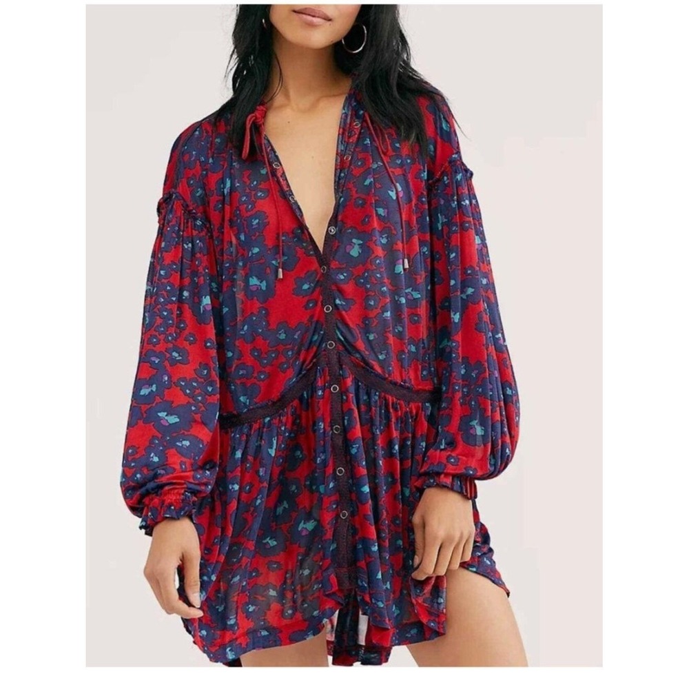 Free People Floral Tunic Dress Boho Button Front High Low XS Animal Print